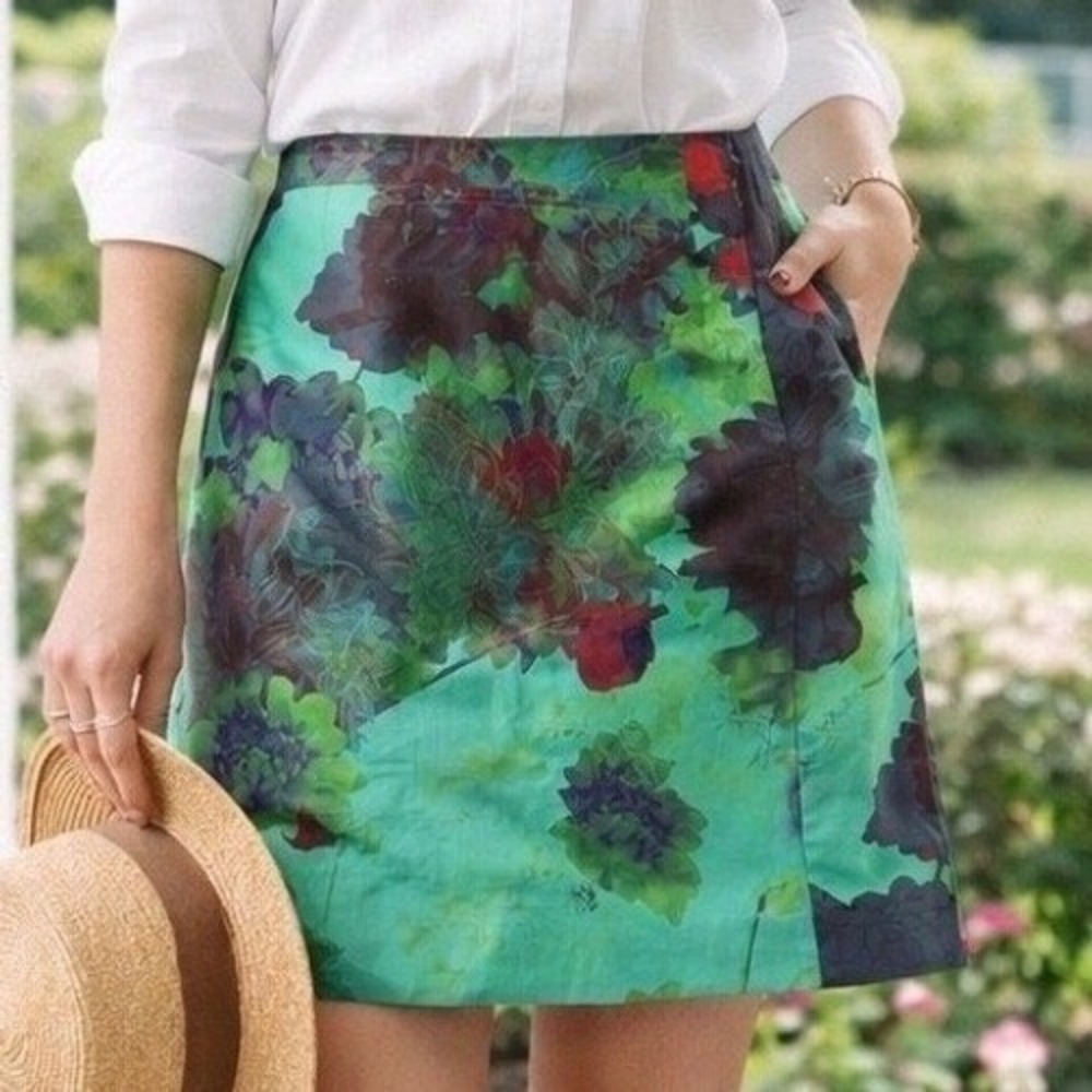 J.Crew Floral Mini Skirt Size 0‎ Green Stretch Cotton A-Line Spring Summer Skirt